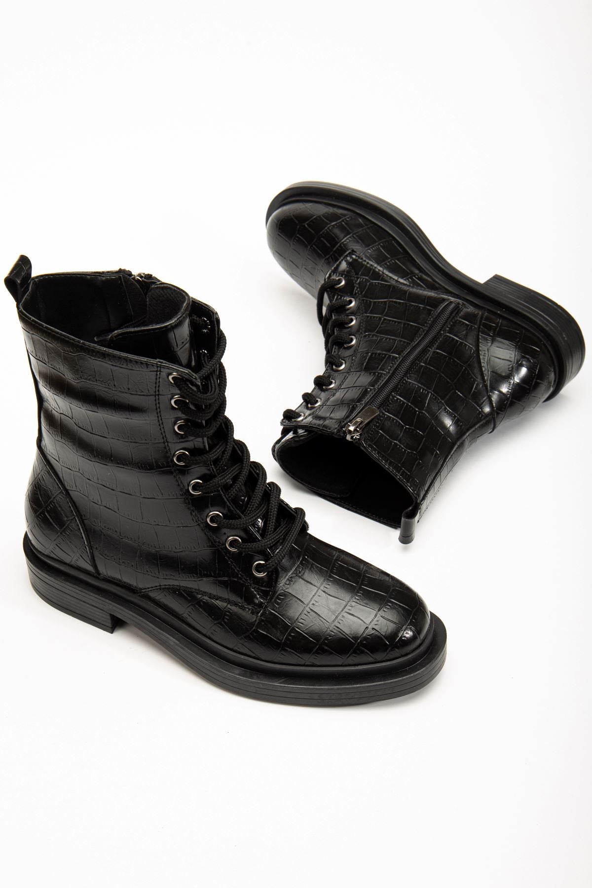 Ayakkabı Aşkı Siyah Kroko Bağcıklı Fermuarlı Günlük Kadın Bot
