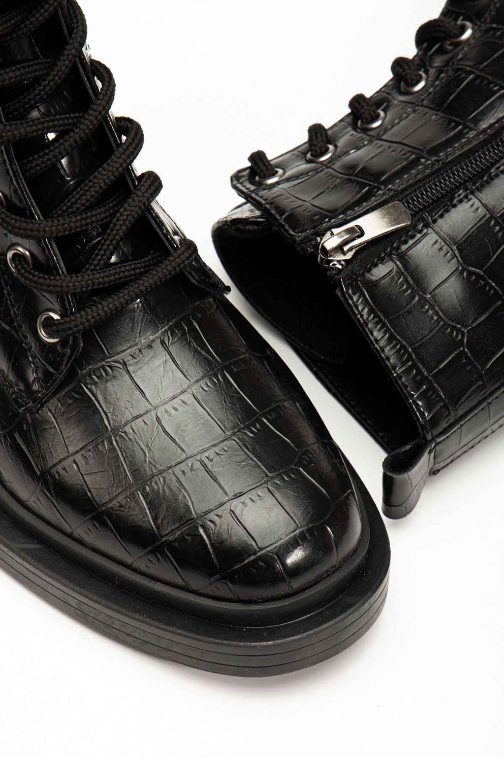 Ayakkabı Aşkı 2024-2289 Siyah Kroko Bağcıklı Fermuarlı Günlük Kadın Bot