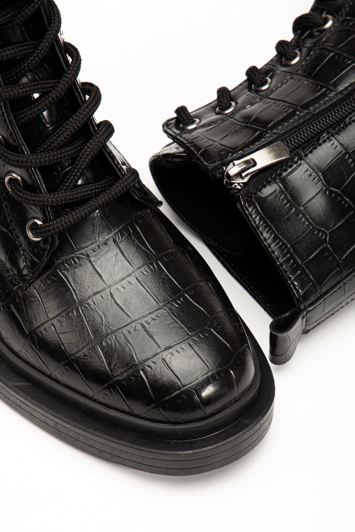 Ayakkabı Aşkı Siyah Kroko Bağcıklı Fermuarlı Günlük Kadın Bot