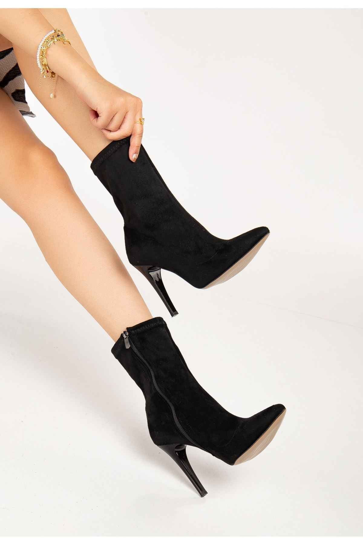 Ayakkabı Aşkı Vrt-4811 Siyah Süet Yüksek Ince Topuklu Fermuarlı Kadın Bot