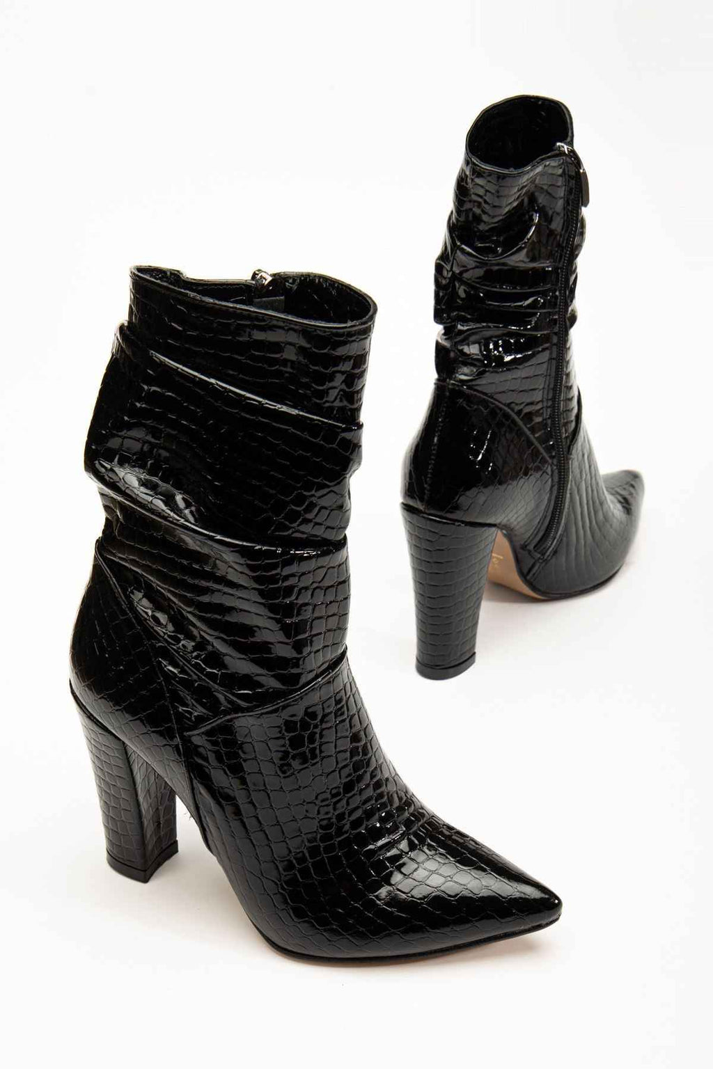 Ayakkabı Aşkı Vrt-4815 Siyah Kroko Yüksek Kalın Topuklu Körüklü Fermuarlı Kadın Bot