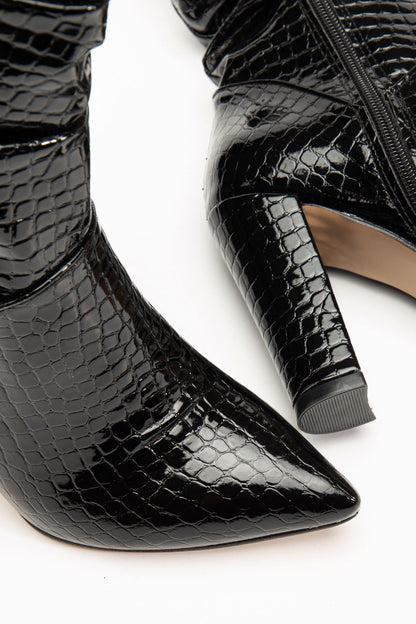 Ayakkabı Aşkı Siyah Kroko Yüksek Kalın Topuklu Körüklü Fermuarlı Kadın Bot