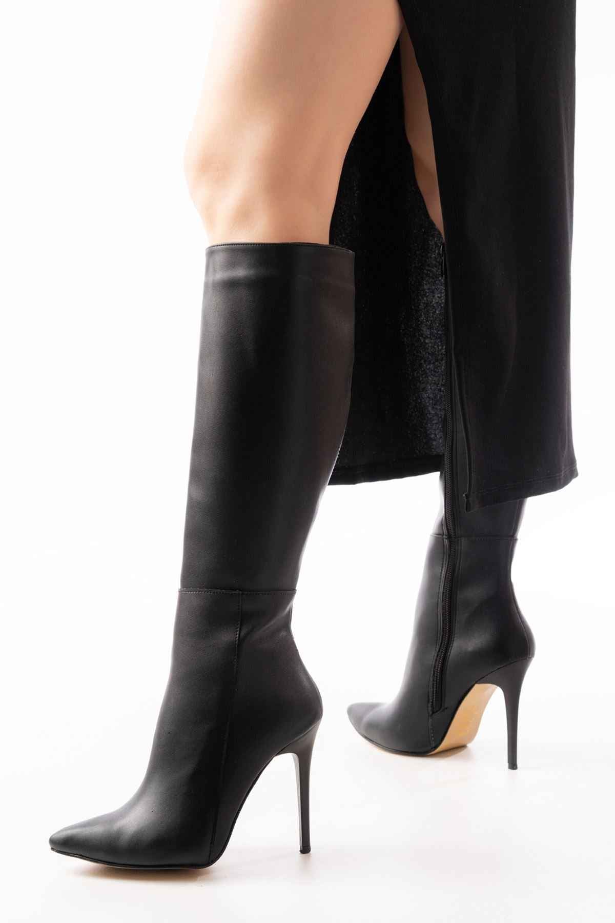 Ayakkabı Aşkı Ls-226 Siyah Fermuarlı Lastikli Ince Yüksek Topuklu Kadın Çizme