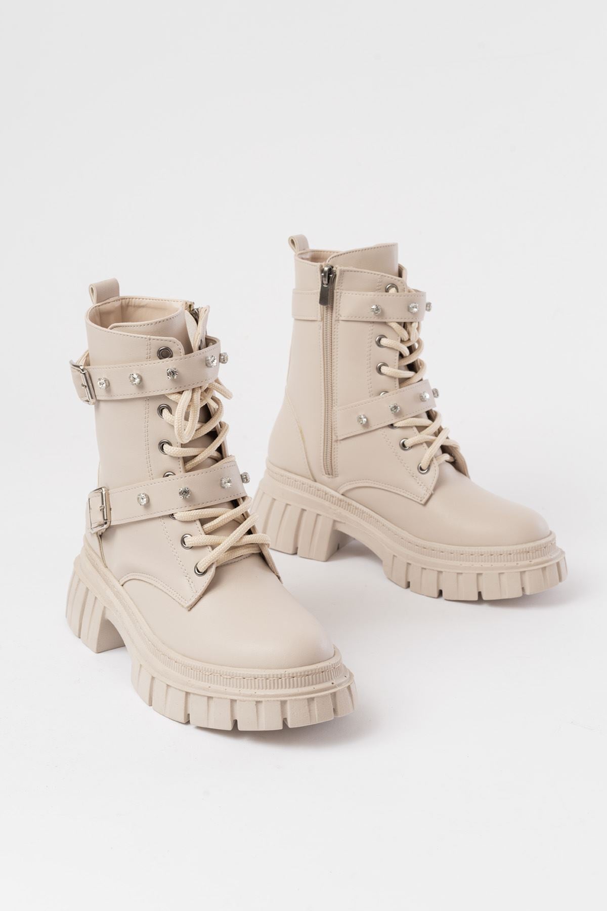 Ayakkabı Aşkı Bej Bağcıklı Kalın Tabanlı Bağcıklı Fermuarlı Günlük Kadın Bot