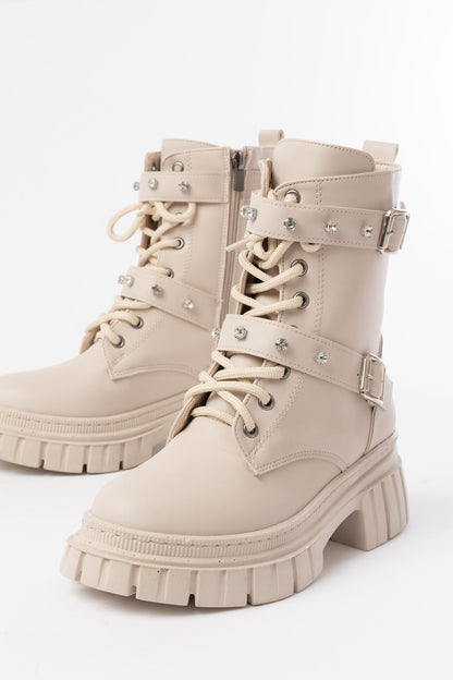 Ayakkabı Aşkı Bej Bağcıklı Kalın Tabanlı Bağcıklı Fermuarlı Günlük Kadın Bot