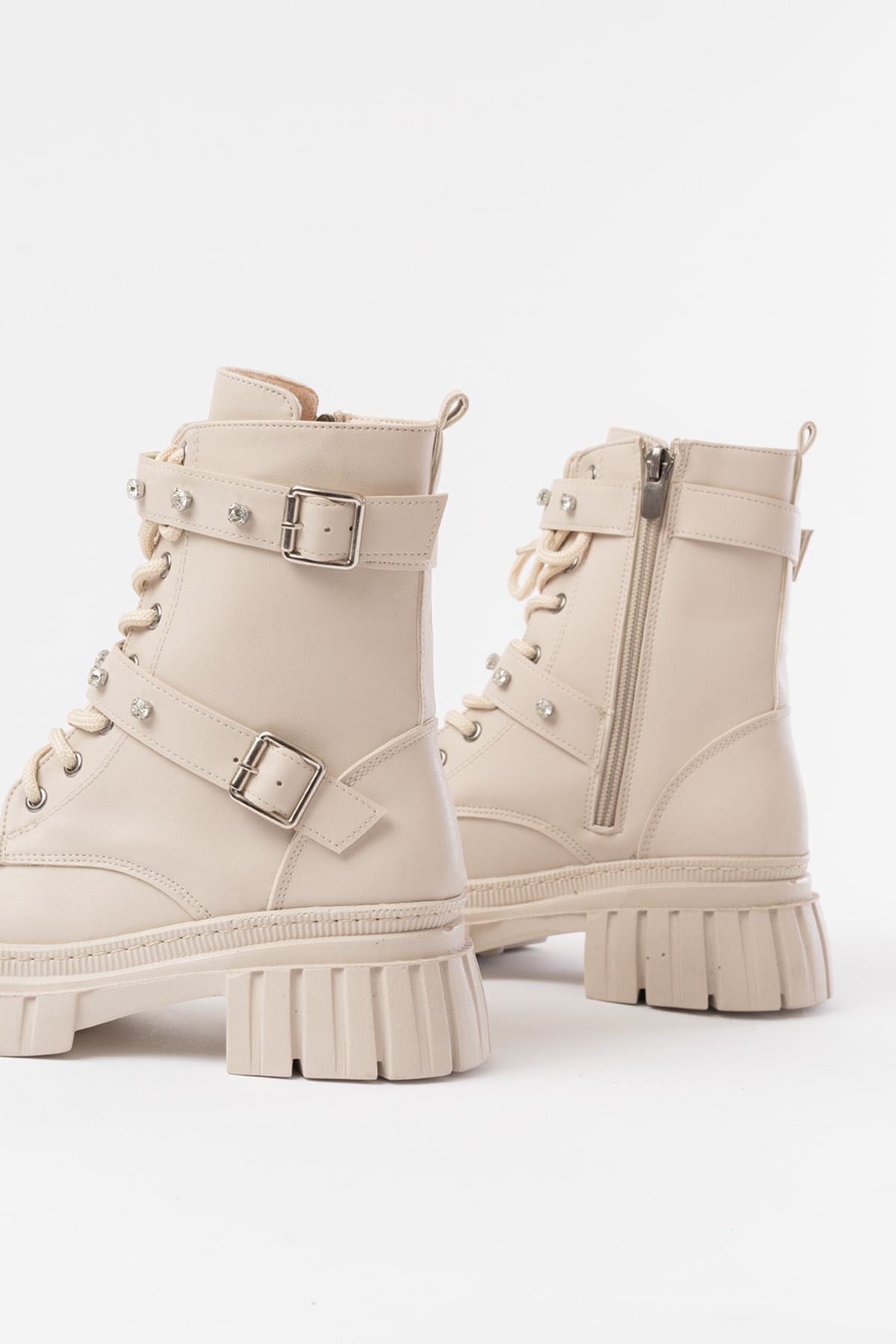 Ayakkabı Aşkı Bej Bağcıklı Kalın Tabanlı Bağcıklı Fermuarlı Günlük Kadın Bot