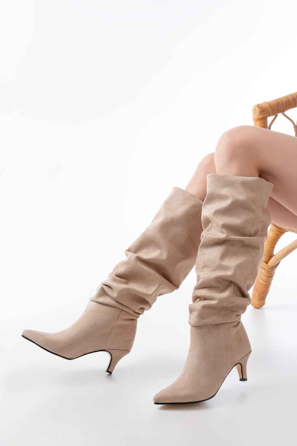 Ayakkabı Aşkı Sr-2001 Bej Süet Ince Topuklu Günlük Bayan Çizme