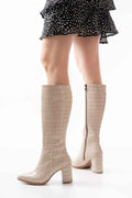 Ayakkabı Aşkı Ysn-4422 Bej Kroko Topuklu Kadın Çizme