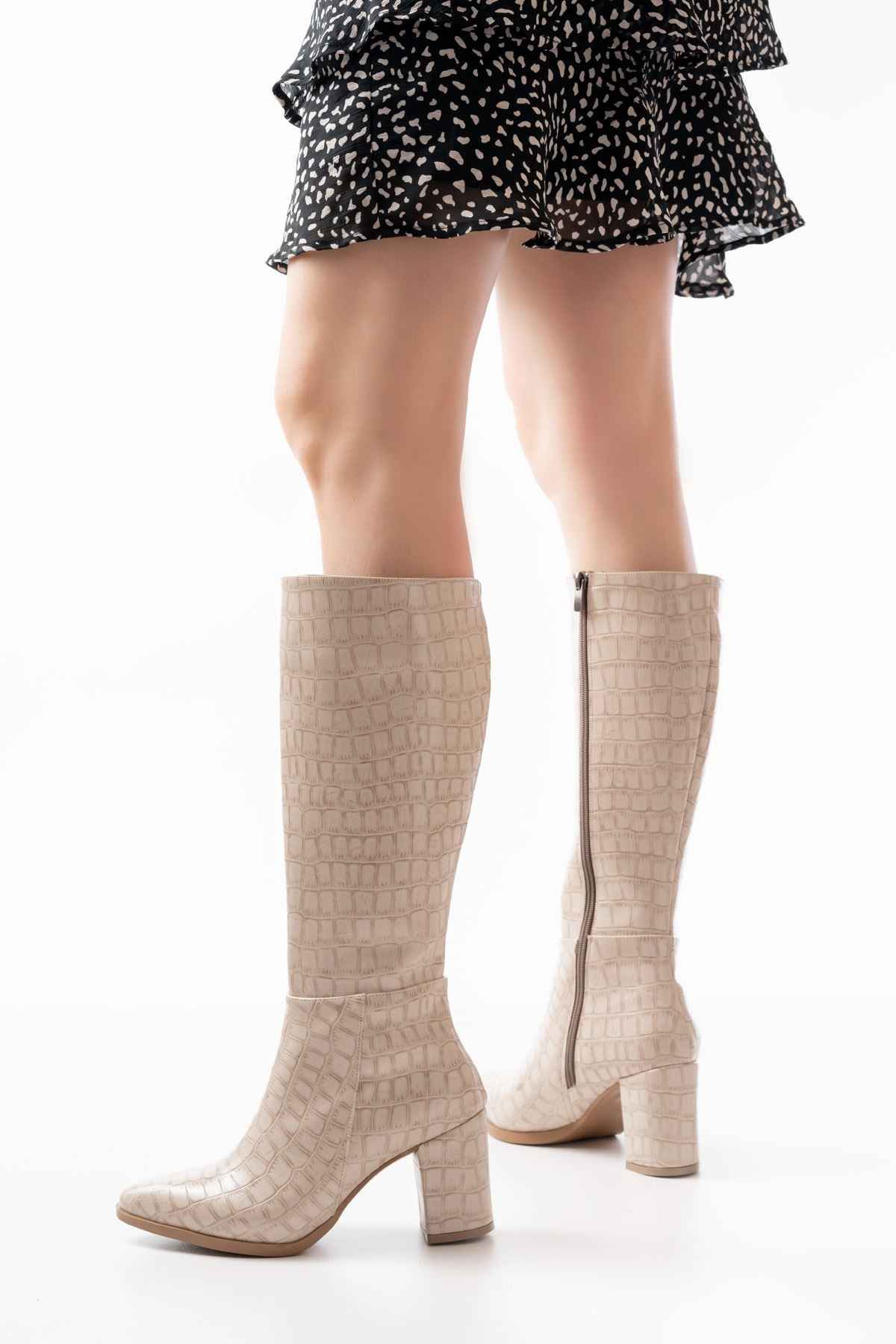 Ayakkabı Aşkı Ysn-4422 Bej Kroko Topuklu Kadın Çizme