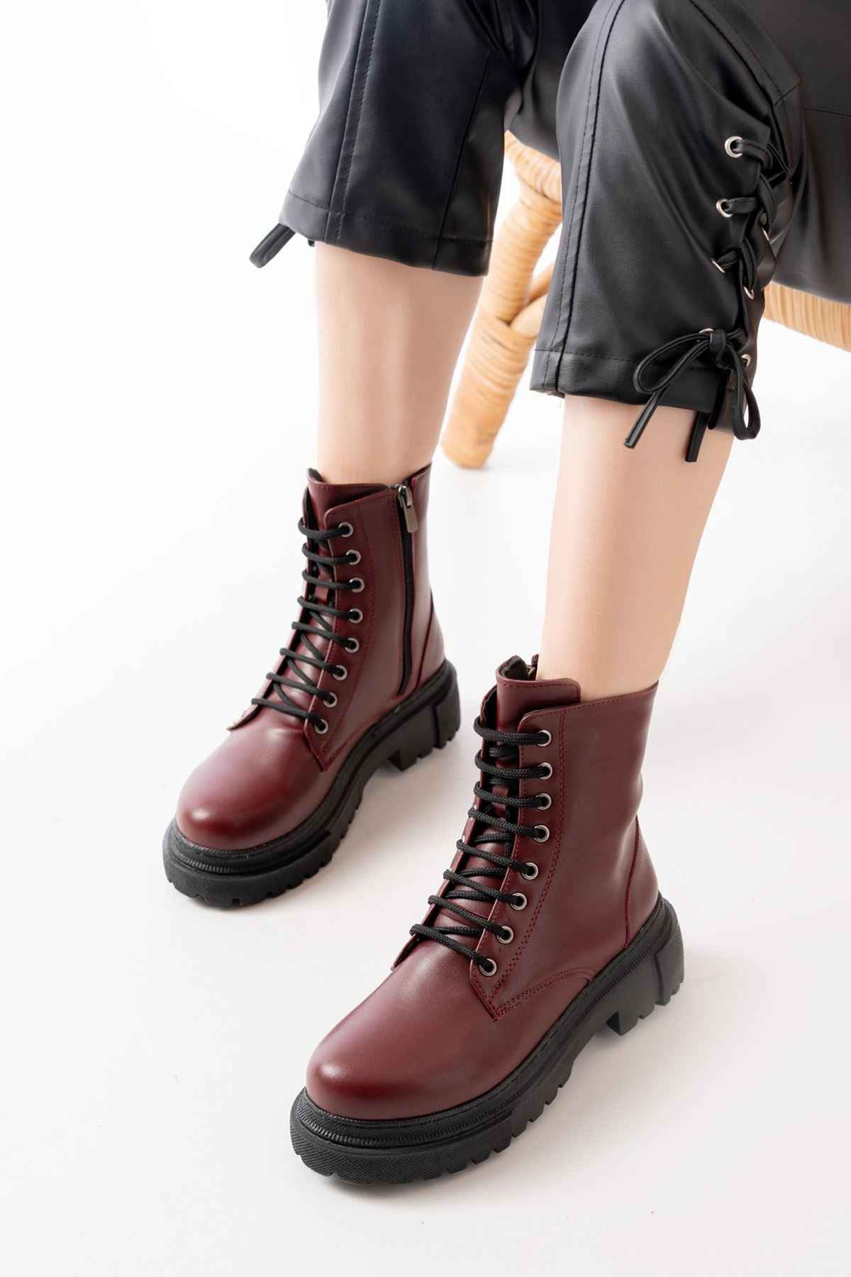 Ayakkabı Aşkı 812-356 Bordo Bağcıklı Fermuarlı Günlük Kadın Bot