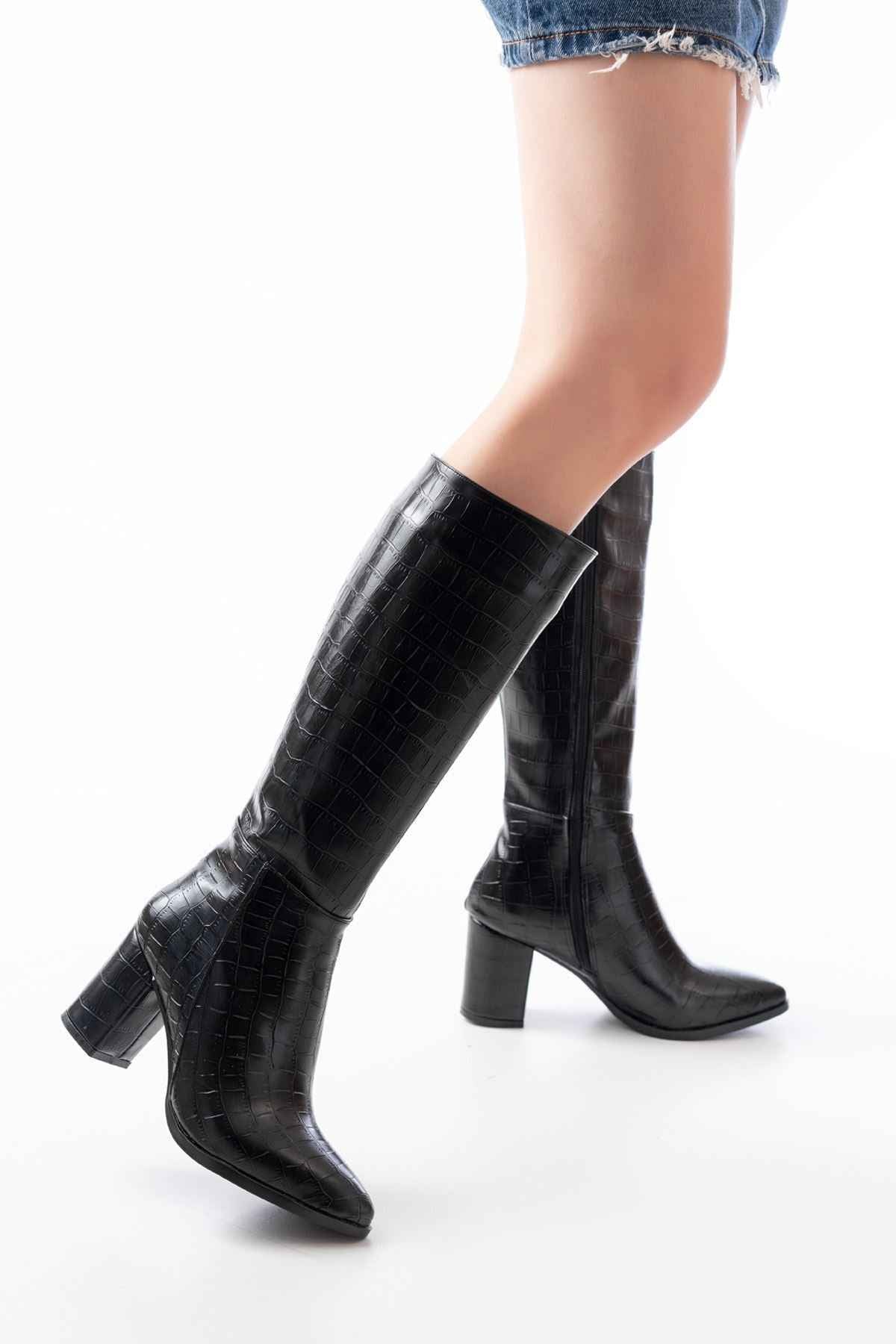 Ayakkabı Aşkı Ysn-4422 Siyah Kroko Topuklu Kadın Çizme