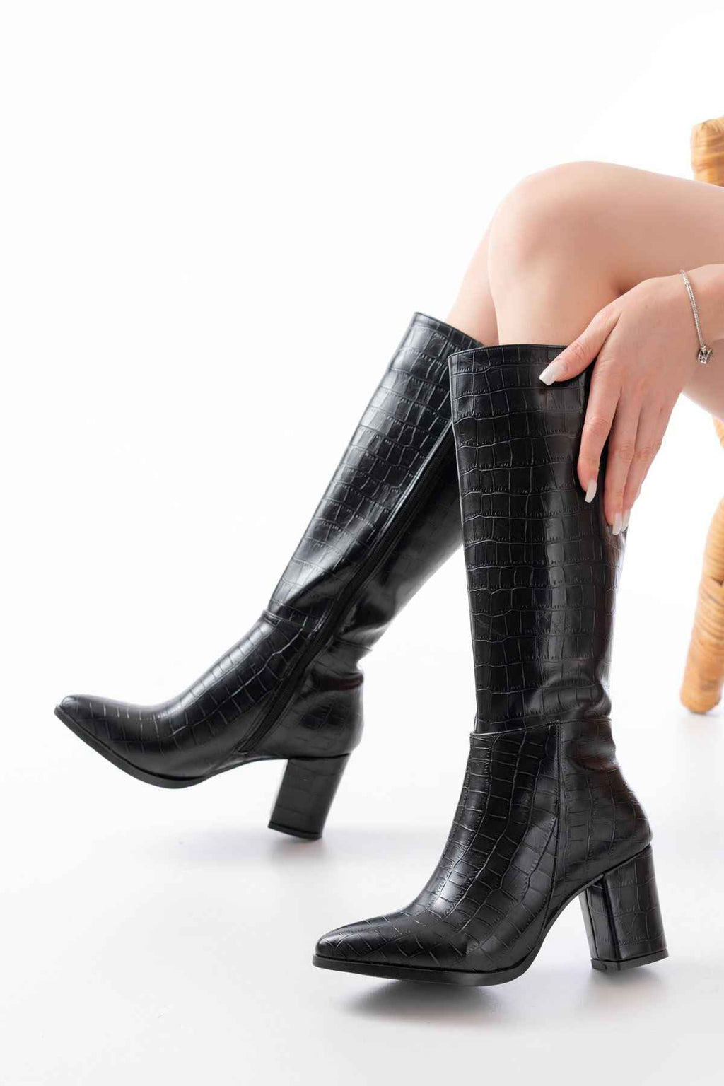 Ayakkabı Aşkı Ysn-4422 Siyah Kroko Topuklu Kadın Çizme