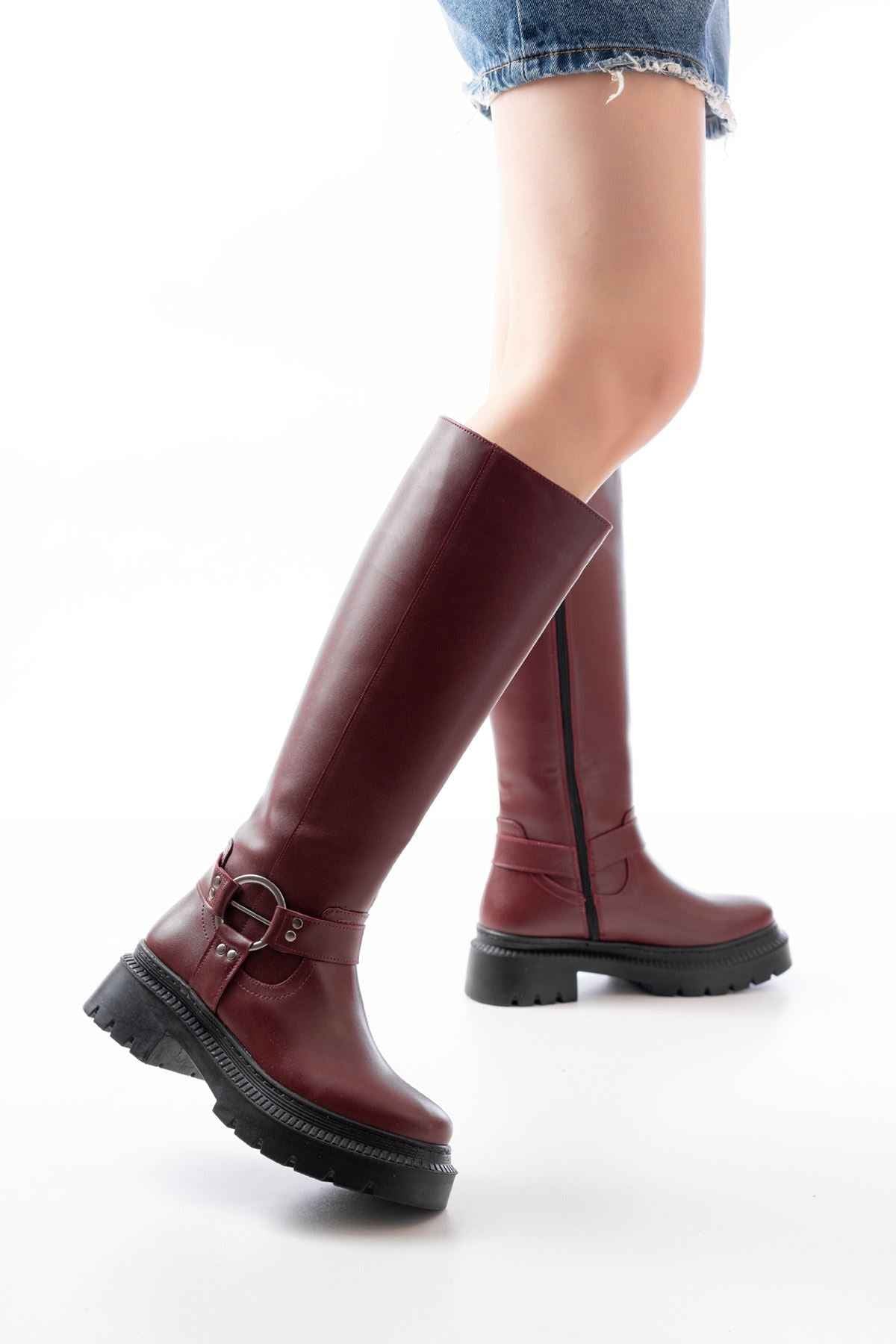 Ayakkabı Aşkı 236-3021 Bordo Fermuarlı Günlük Kadın Çizme