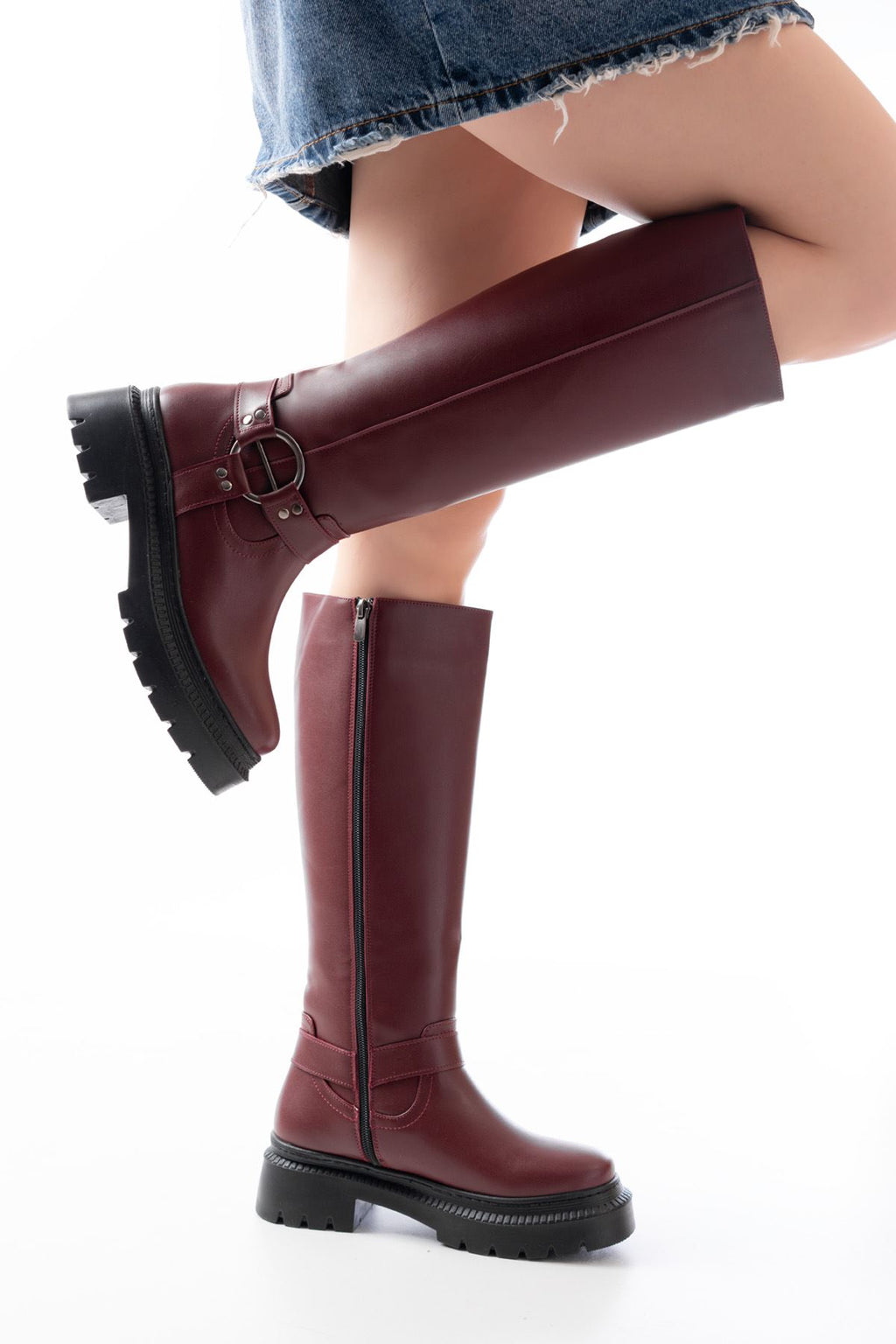 Ayakkabı Aşkı Bordo Fermuarlı Günlük Kadın Çizme - Ayakkabı Aşkı