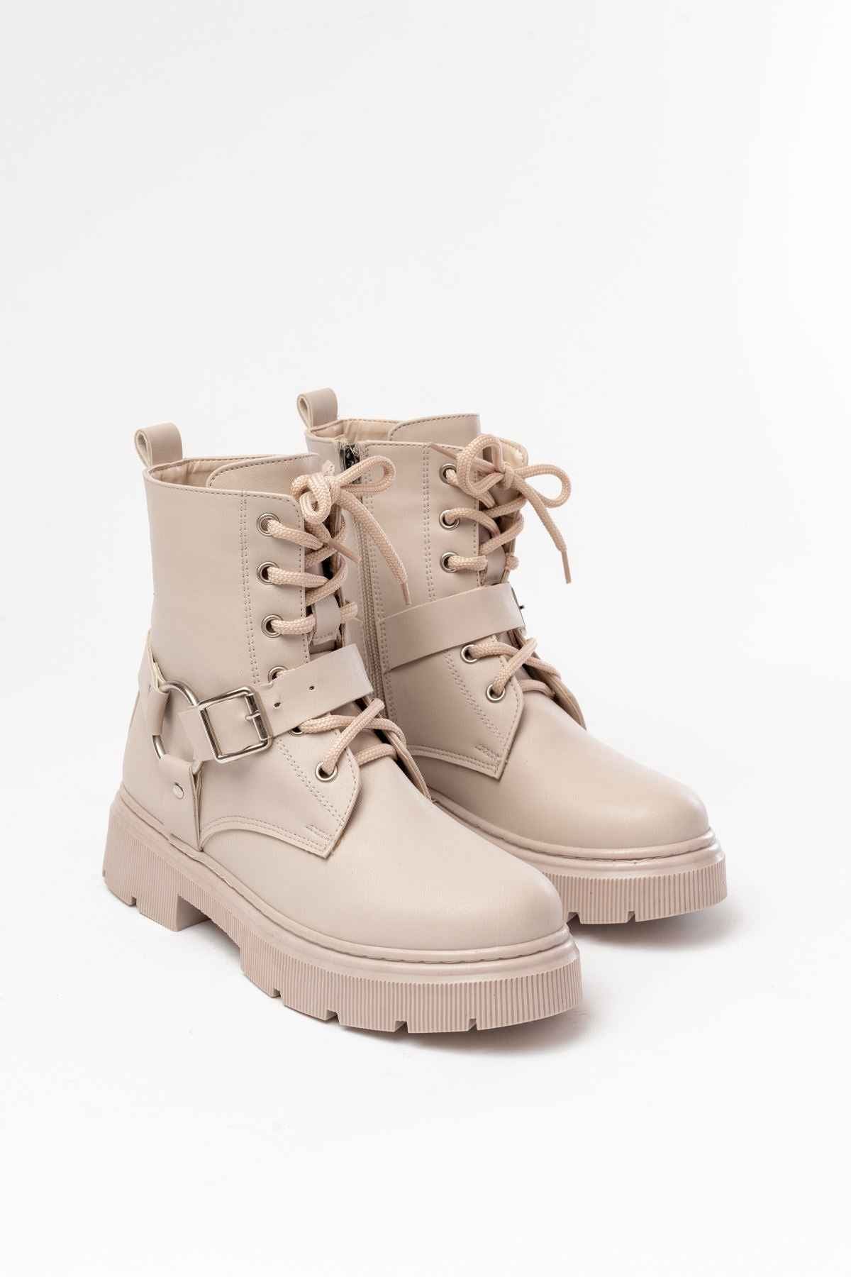 Ayakkabı Aşkı 508-3038 Bej Toka Aksesuarlı Fermuarlı Günlük Kadın Bot