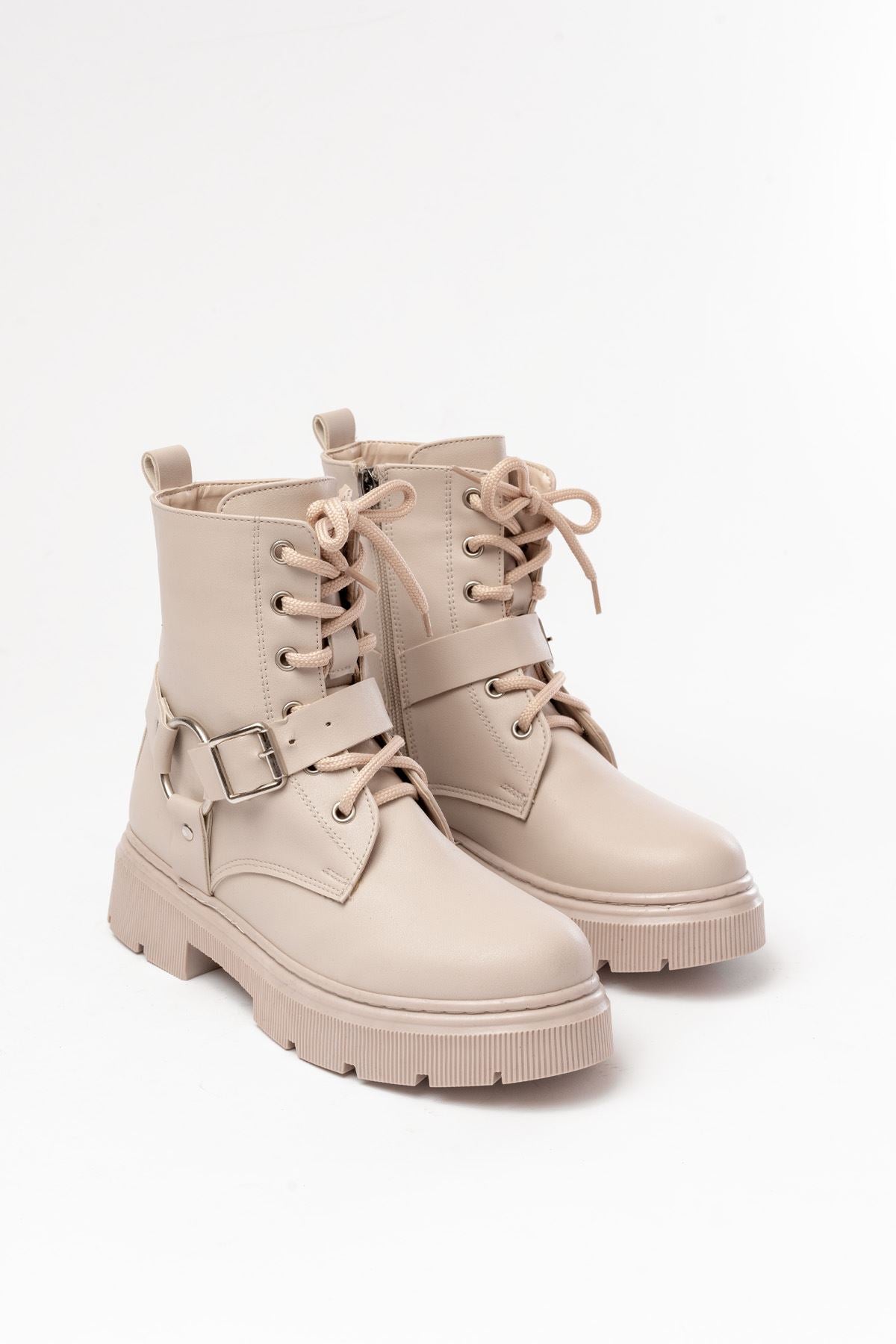 Ayakkabı Aşkı Bej Toka Aksesuarlı Fermuarlı Günlük Kadın Bot