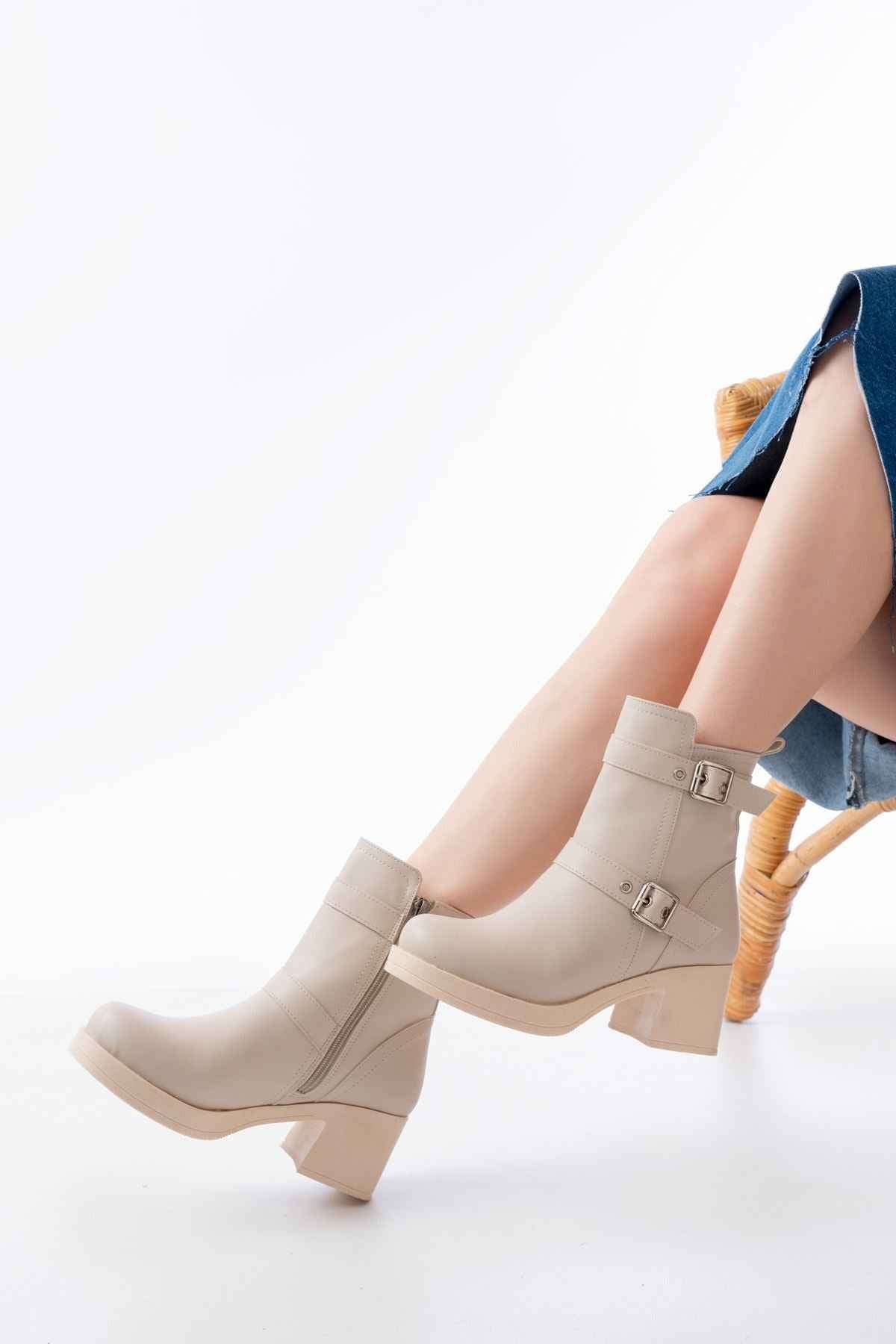 Ayakkabı Aşkı 5109-3027 Bej Topuklu Fermuarlı Günlük Kadın Bot
