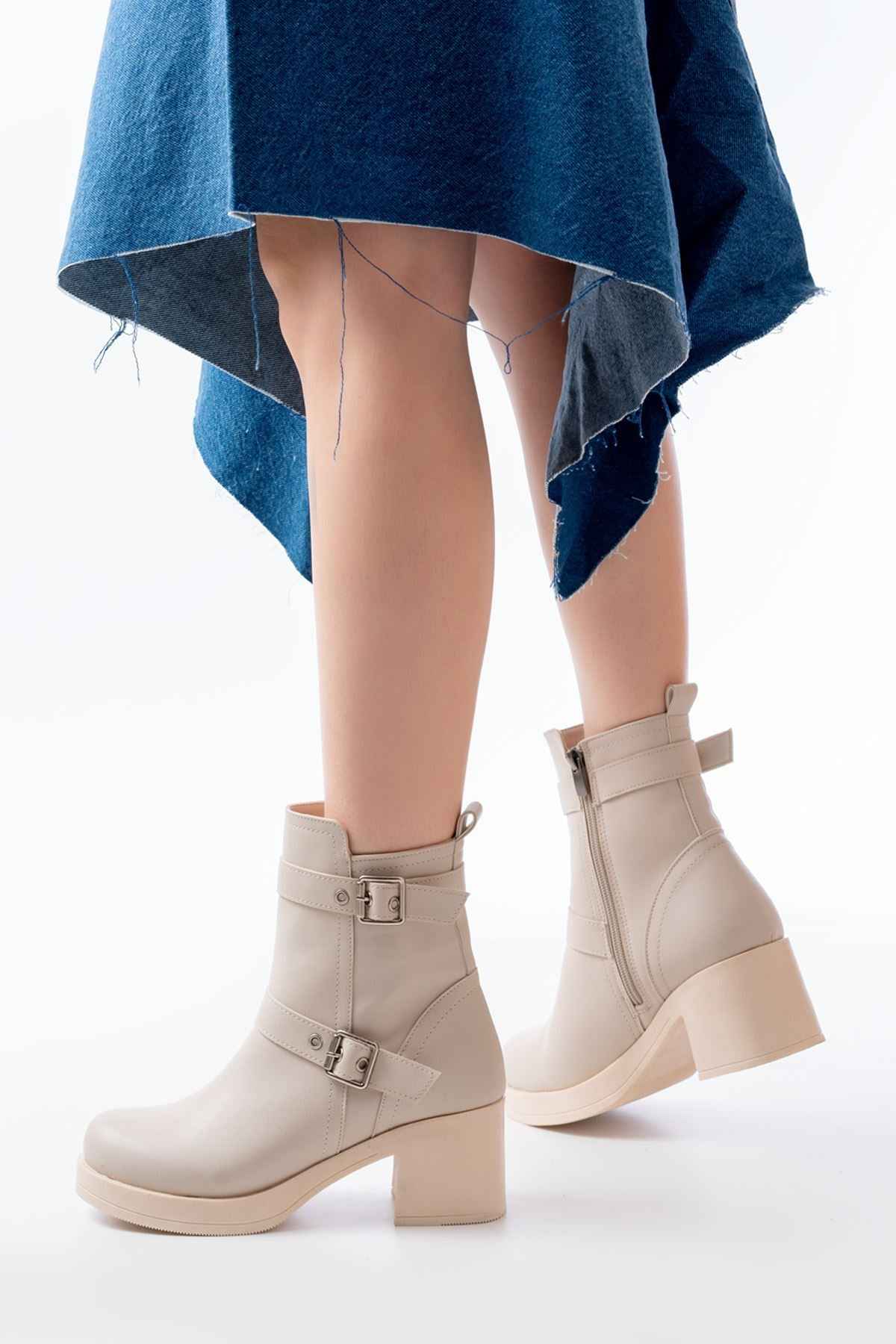 Ayakkabı Aşkı 5109-3027 Bej Topuklu Fermuarlı Günlük Kadın Bot
