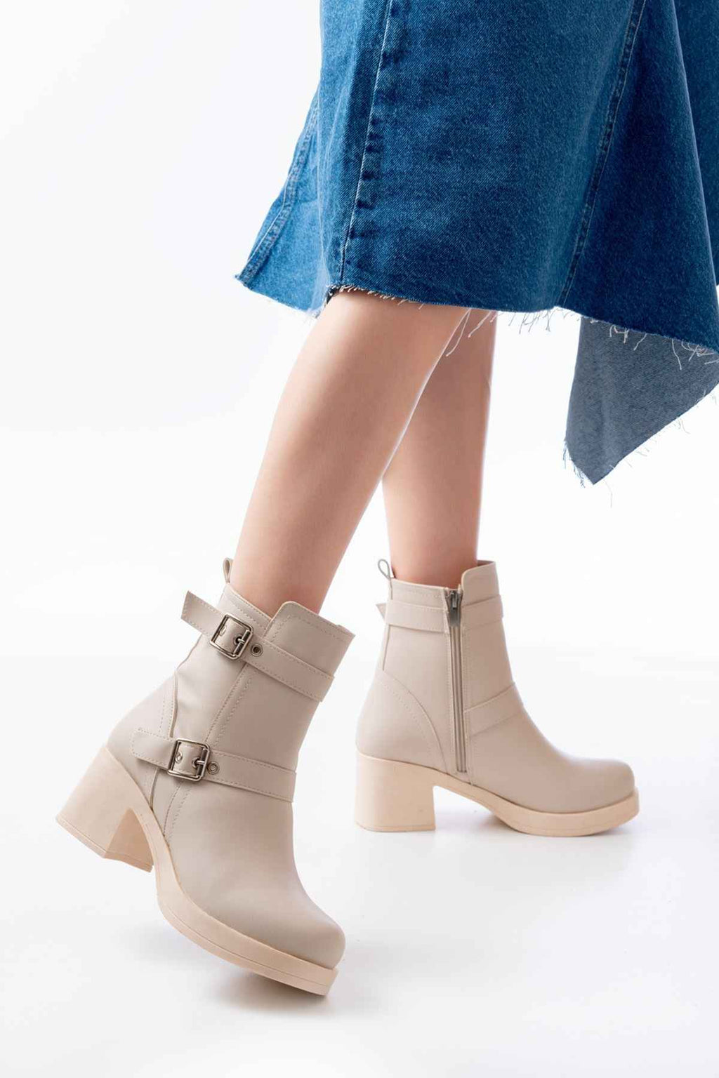 Ayakkabı Aşkı 5109-3027 Bej Topuklu Fermuarlı Günlük Kadın Bot