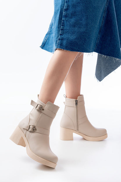 Ayakkabı Aşkı Bej Topuklu Fermuarlı Günlük Kadın Bot