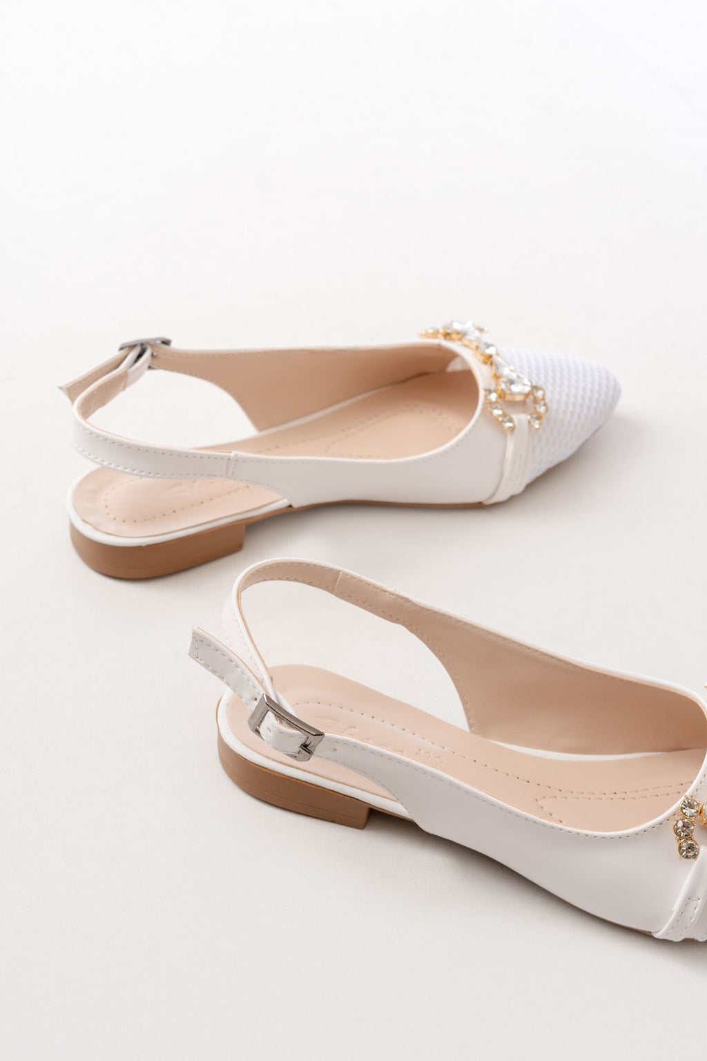 Ayakkabı Aşkı İNF-12 Beyaz Günlük Fileli Taş Aksesuarlı Kadın Babet - Ayakkabı Aşkı