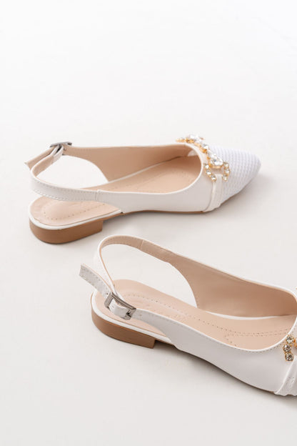 Ayakkabı Aşkı İNF-12 Beyaz Günlük Fileli Taş Aksesuarlı Kadın Babet