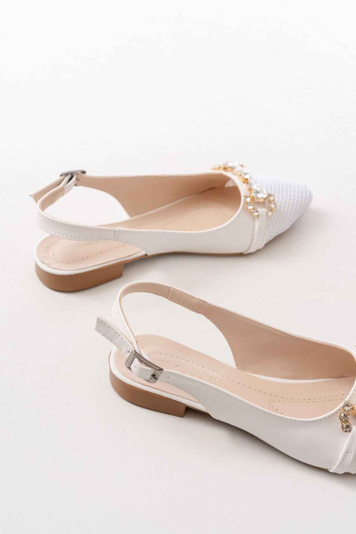 Ayakkabı Aşkı Inf-120 Beyaz Günlük Fileli Taş Aksesuarlı Kadın Babet