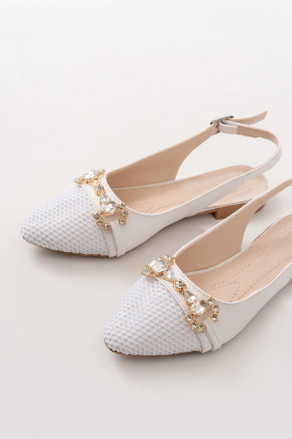 Ayakkabı Aşkı İNF-12 Beyaz Günlük Fileli Taş Aksesuarlı Kadın Babet