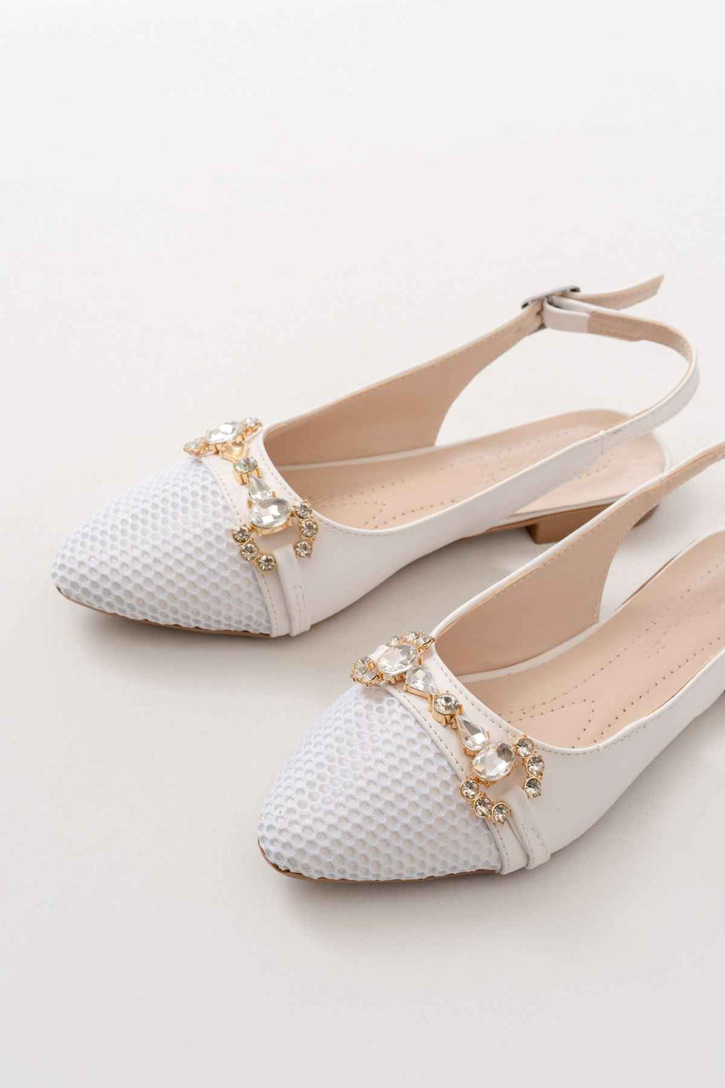 Ayakkabı Aşkı Inf-120 Beyaz Günlük Fileli Taş Aksesuarlı Kadın Babet