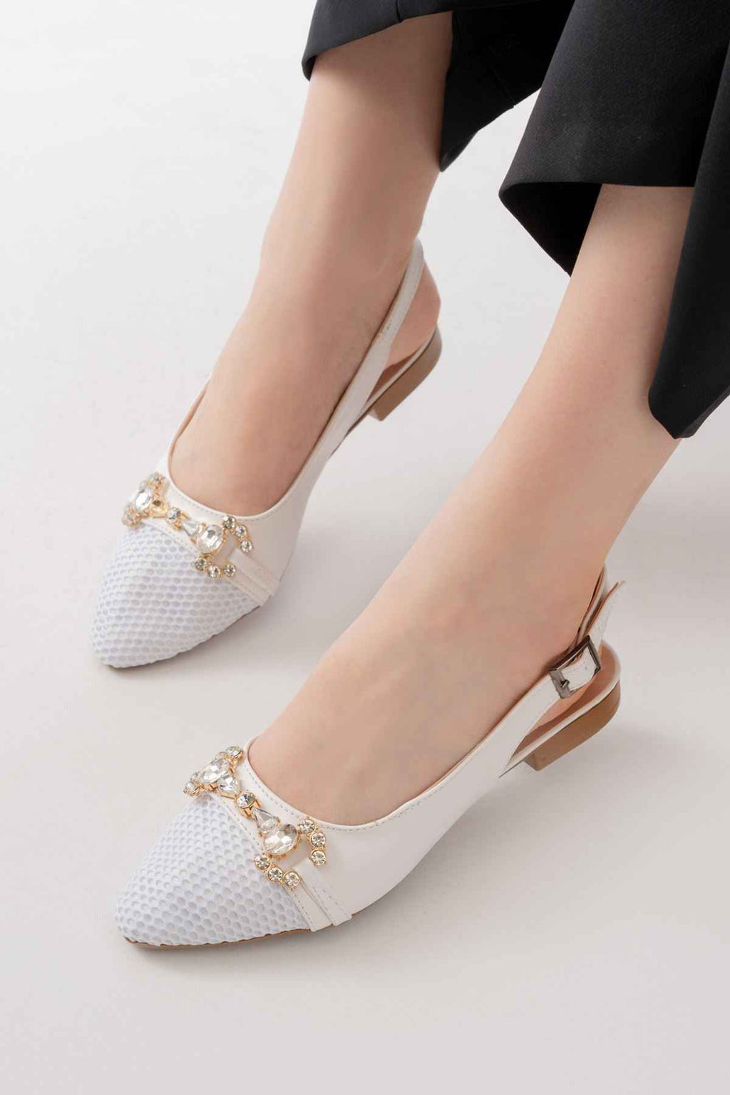 Ayakkabı Aşkı Inf-120 Beyaz Günlük Fileli Taş Aksesuarlı Kadın Babet
