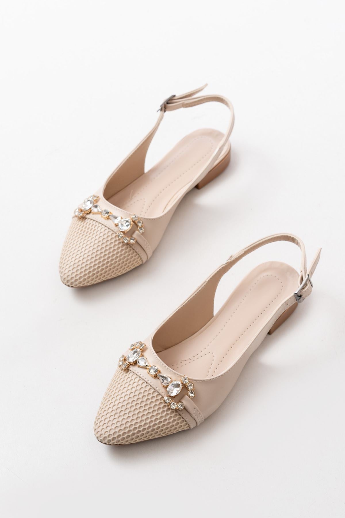 Ayakkabı Aşkı İNF-12 Ten Günlük Fileli Taş Aksesuarlı Kadın Babet - Ayakkabı Aşkı