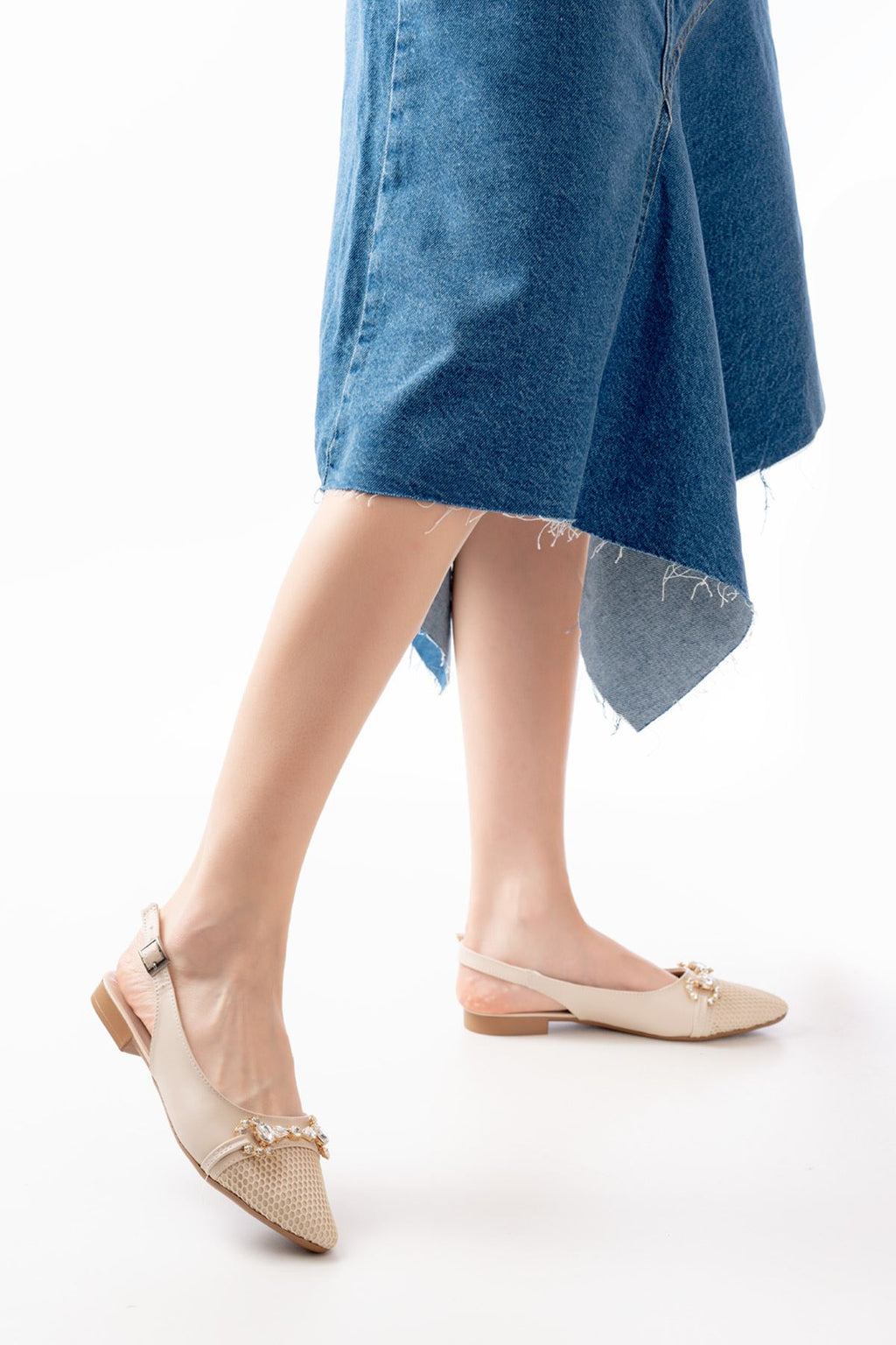 Ayakkabı Aşkı İNF-12 Ten Günlük Fileli Taş Aksesuarlı Kadın Babet - Ayakkabı Aşkı