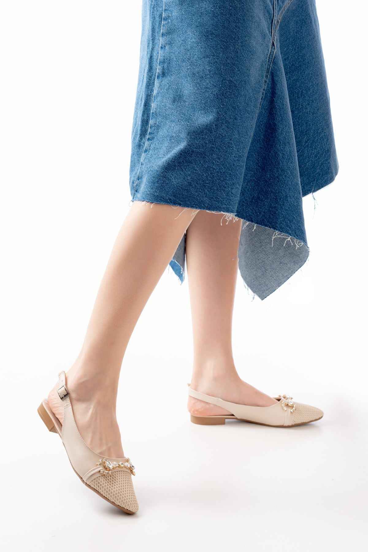 Ayakkabı Aşkı Inf-120 Ten Günlük Fileli Taş Aksesuarlı Kadın Babet