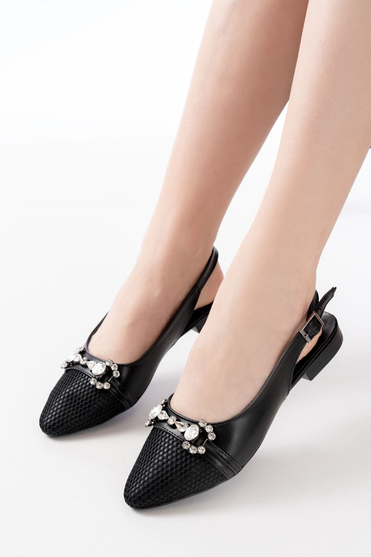 Ayakkabı Aşkı İNF-12 Siyah Günlük Fileli Taş Aksesuarlı Kadın Babet - Ayakkabı Aşkı