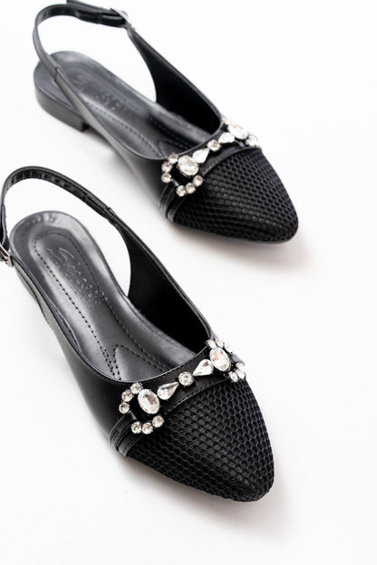 Ayakkabı Aşkı İNF-12 Siyah Günlük Fileli Taş Aksesuarlı Kadın Babet