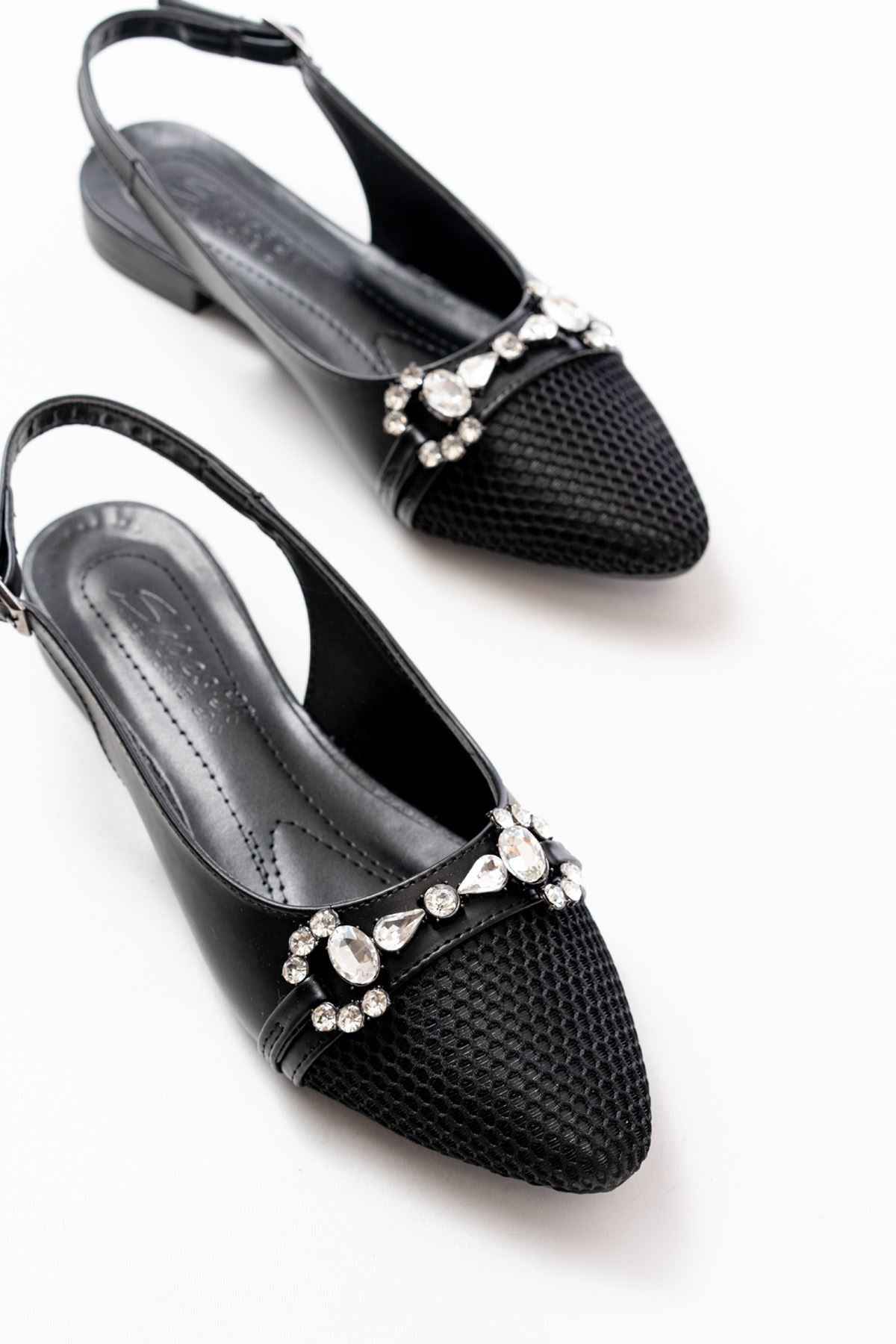 Ayakkabı Aşkı Inf-120 Siyah Günlük Fileli Taş Aksesuarlı Kadın Babet
