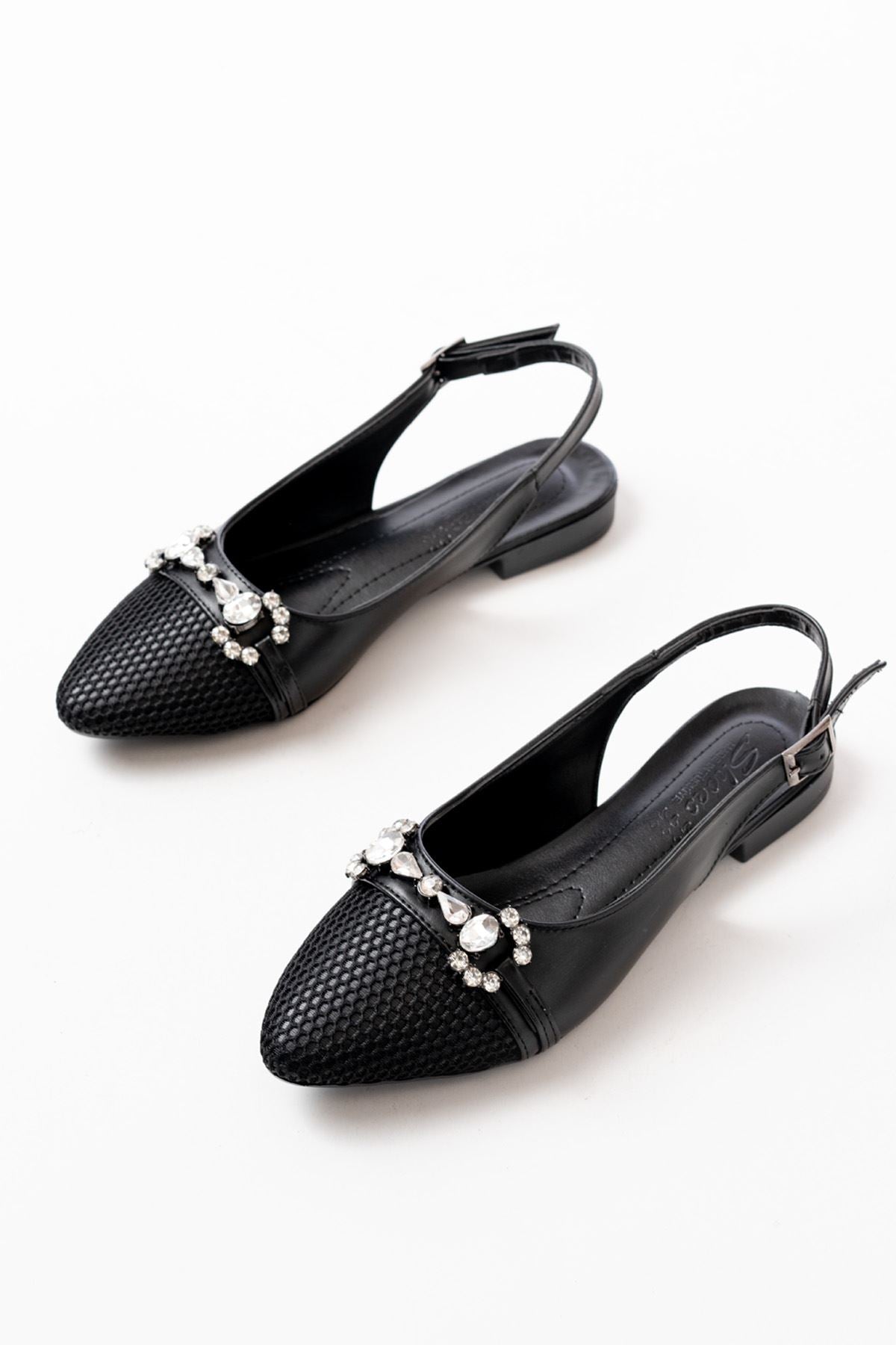 Ayakkabı Aşkı İNF-12 Siyah Günlük Fileli Taş Aksesuarlı Kadın Babet