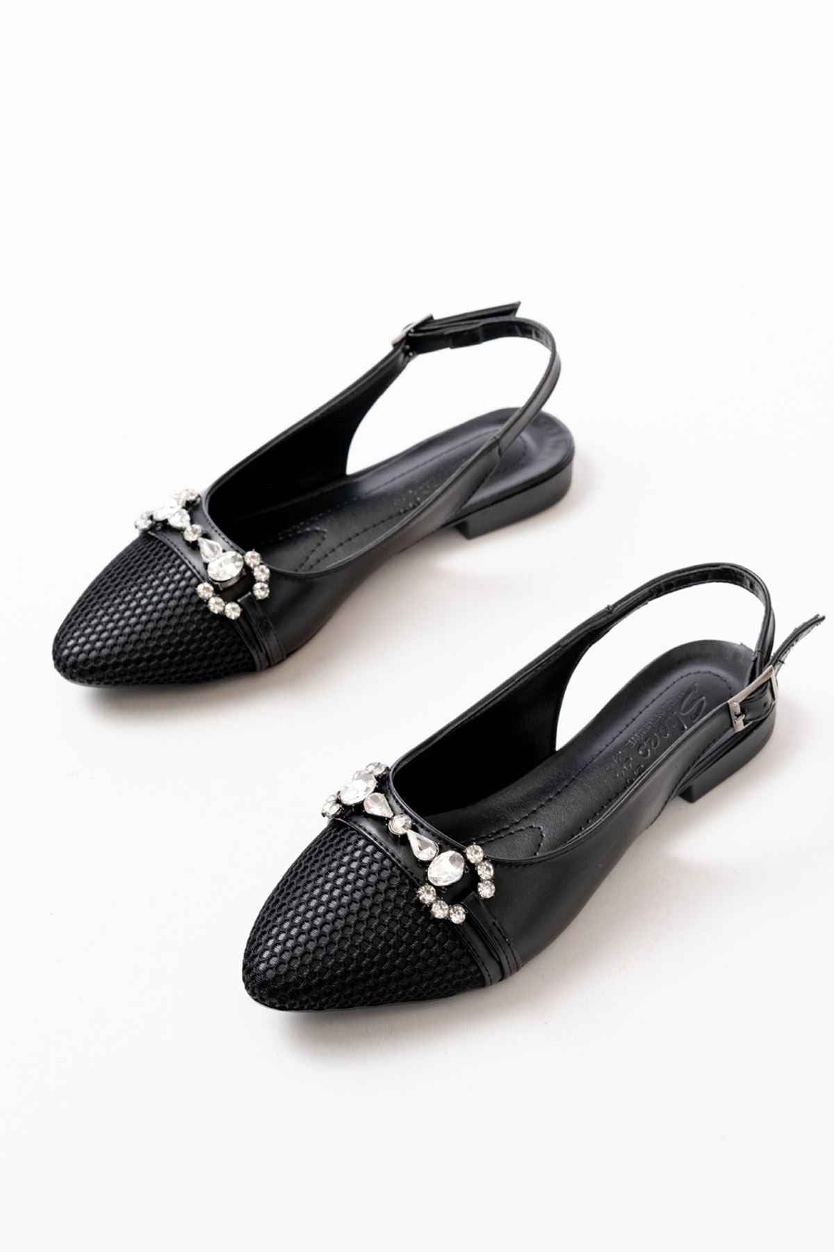 Ayakkabı Aşkı Inf-120 Siyah Günlük Fileli Taş Aksesuarlı Kadın Babet