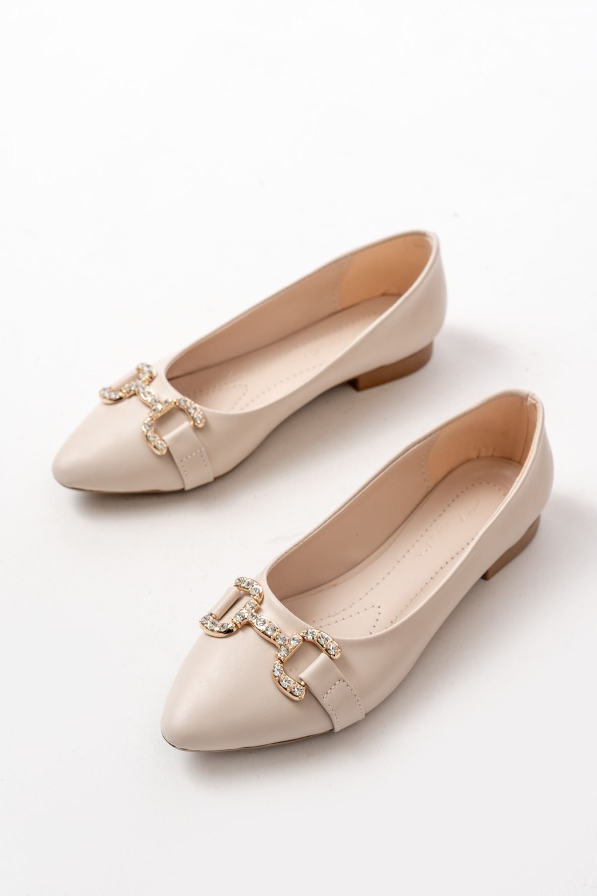 Ayakkabı Aşkı İNF-133 Ten Taşlı Tokalı Günlük Kadın Babet - Ayakkabı Aşkı