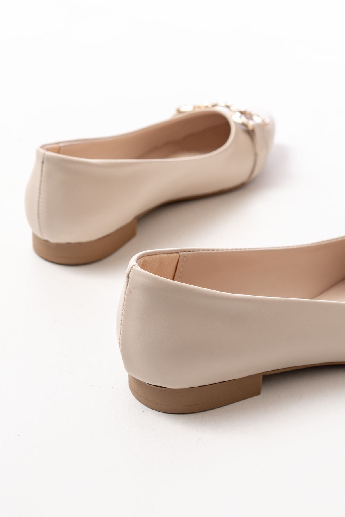 Ayakkabı Aşkı İNF-133 Ten Taşlı Tokalı Günlük Kadın Babet - Ayakkabı Aşkı