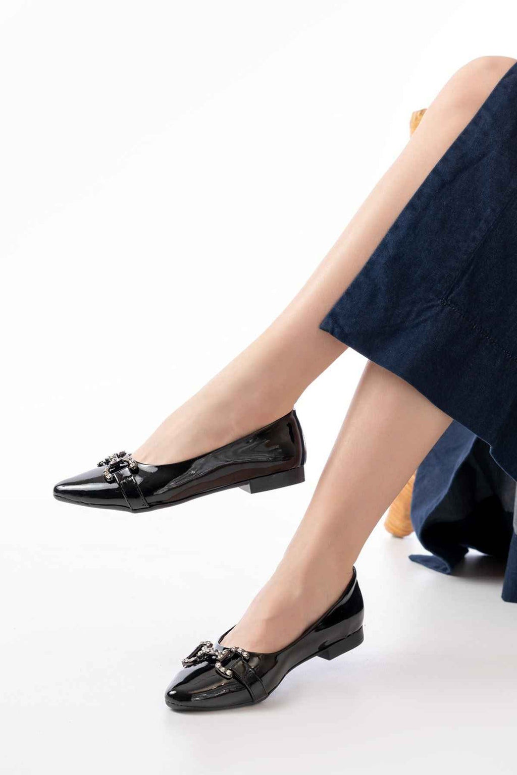 Ayakkabı Aşkı Inf-133 Siyah Rugan Taşlı Tokalı Günlük Kadın Babet