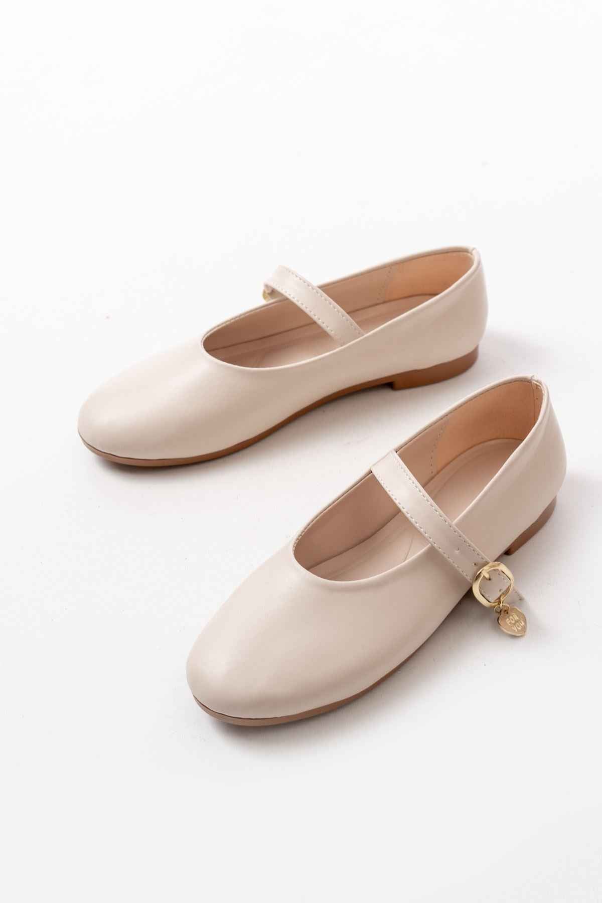 Ayakkabı Aşkı Inf-324 Bej Baretli Tokalı Günlük Kadın Babet