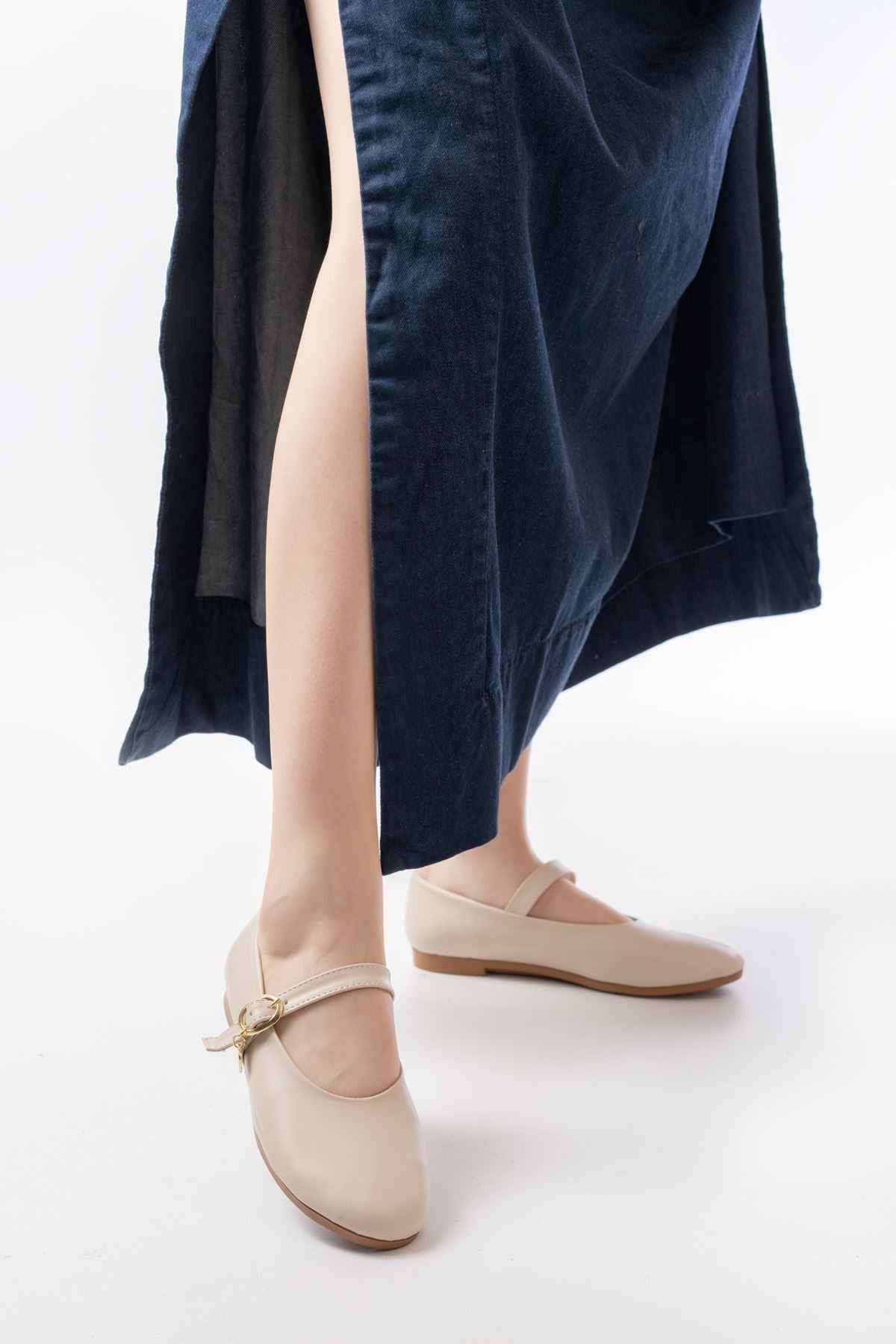 Ayakkabı Aşkı Inf-324 Bej Baretli Tokalı Günlük Kadın Babet