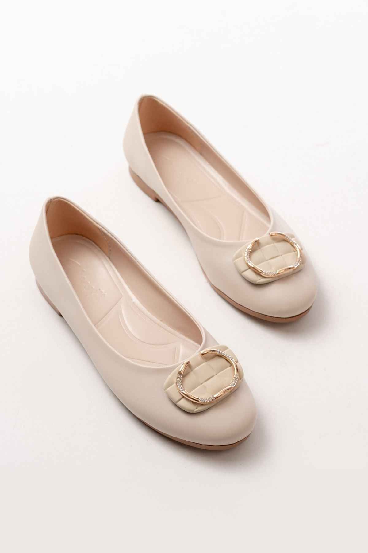 Ayakkabı Aşkı Inf-325 Bej Tokalı Aksesuarlı Günlük Kadın Babet