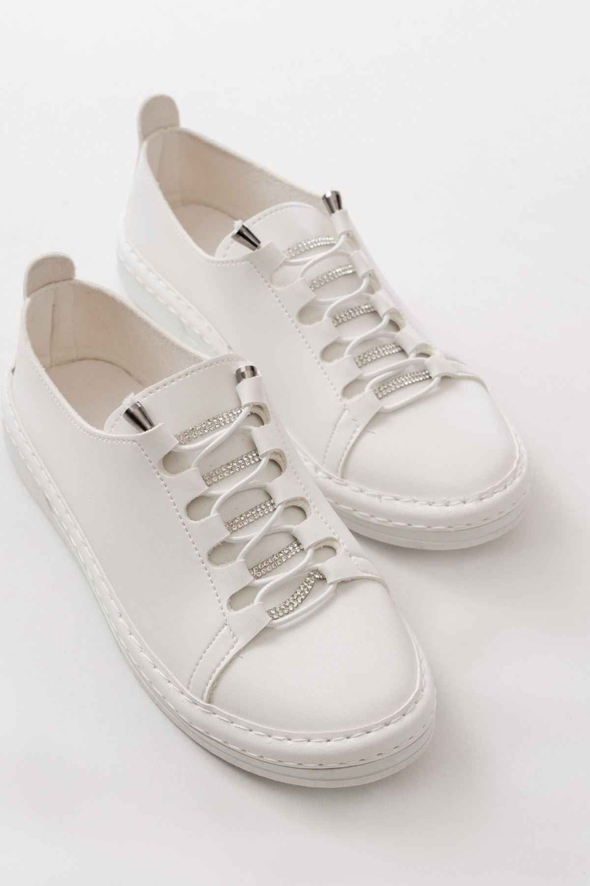 Ayakkabı Aşkı Mk-9026 Beyaz Bağcıklı  Taş Aksesuarlı Günlük Spor Ayakkabı