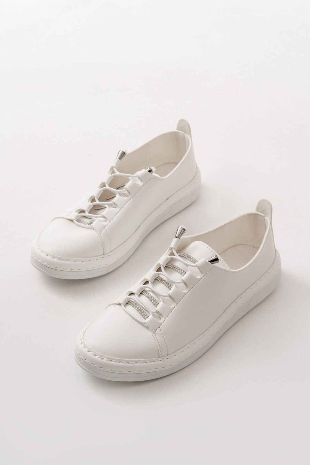 Ayakkabı Aşkı Mk-9026 Beyaz Bağcıklı  Taş Aksesuarlı Günlük Spor Ayakkabı