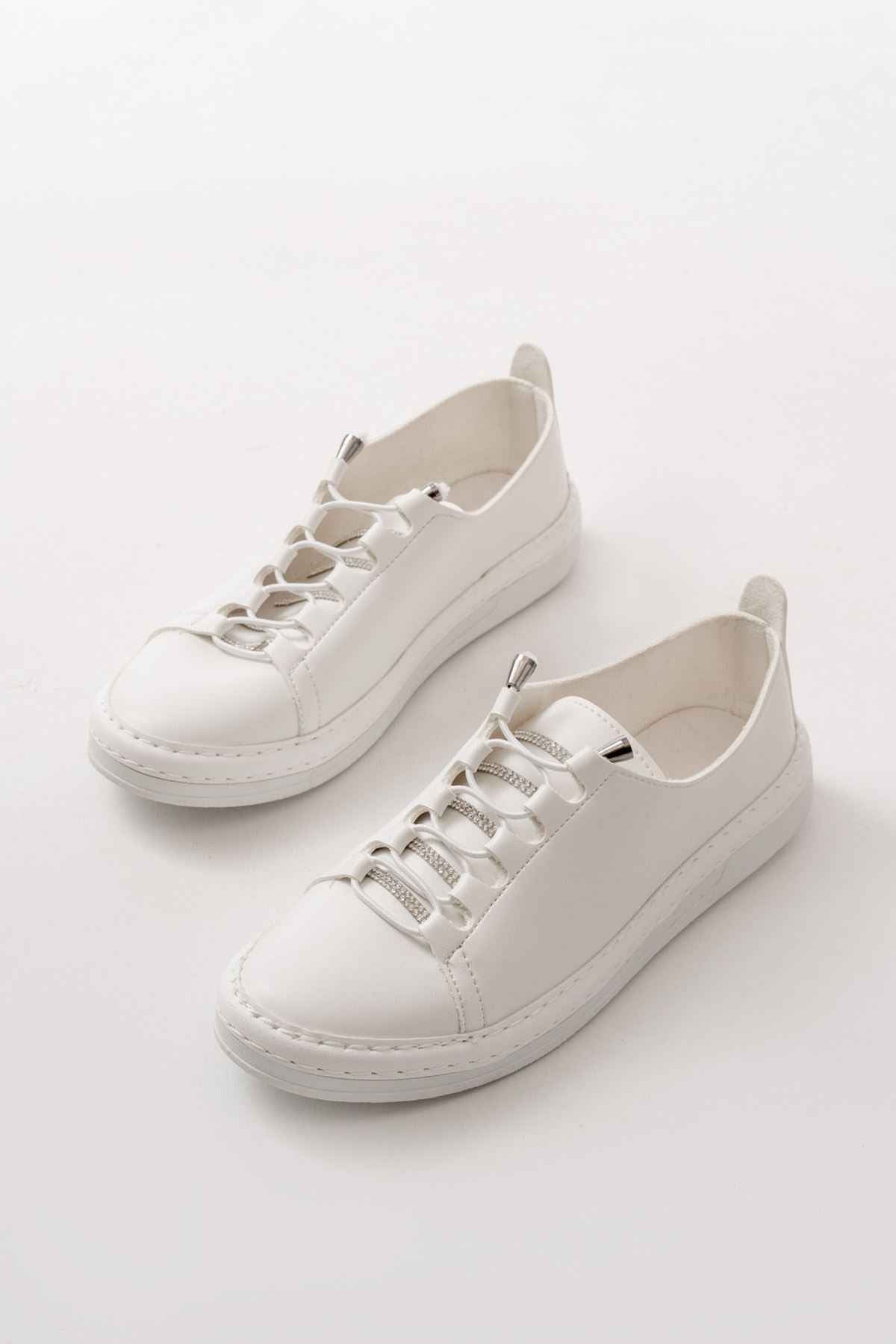 Ayakkabı Aşkı Mk-9026 Beyaz Bağcıklı  Taş Aksesuarlı Günlük Spor Ayakkabı
