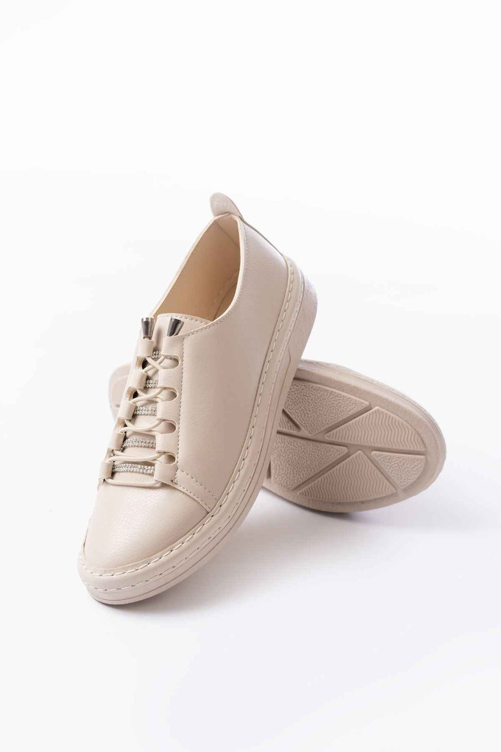 Ayakkabı Aşkı Mk-9026 Bej Bağcıklı  Taş Aksesuarlı Günlük Spor Ayakkabı