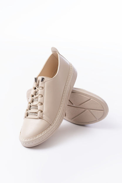 MK-9026 Bej Bağcıklı  Taş Aksesuarlı Günlük Spor Ayakkabı - Bej