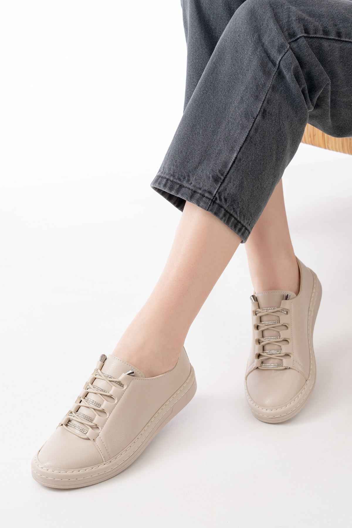 Ayakkabı Aşkı Mk-9026 Bej Bağcıklı  Taş Aksesuarlı Günlük Spor Ayakkabı